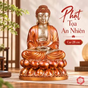 Tượng Phật Tổ Như Lai ngồi thiền trên đài sen màu đồng đỏ và vàng nhìn thẳng