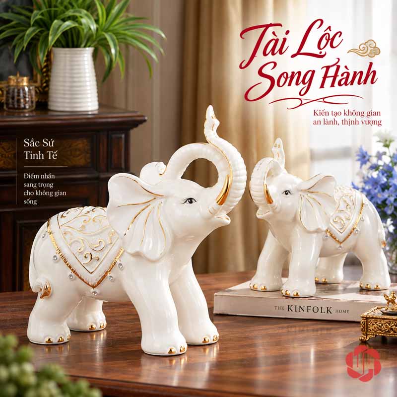 Đồ Trang Trí Nhà Đẹp Đôi Voi Gốm Sứ May Mắn UPS015 Phối cảnh hai voi trắng cùng vươn vòi cạnh sách