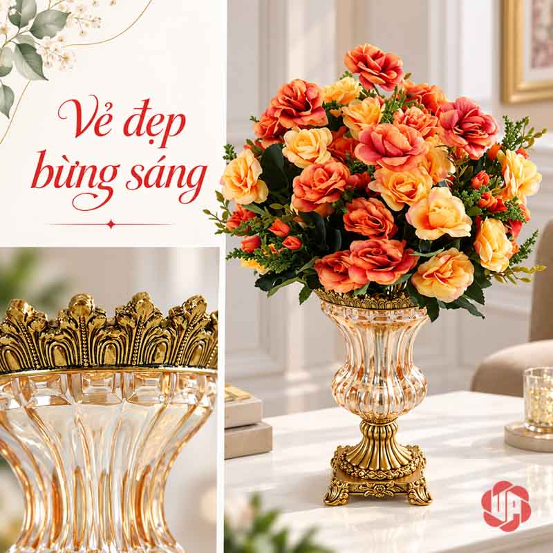 Lọ Hoa Thủy Tinh Tân Cổ Điển Viền Vàng UPT13 bố cục cắm hoa và chi tiết miệng bình của lọ hoa thủy tinh tân cổ điển UPT13