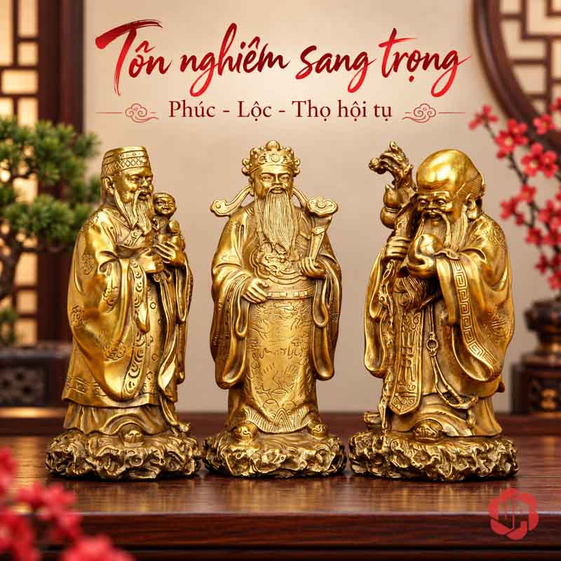 Bộ Tượng Phúc Lộc Thọ Tam Đa Bằng Đồng UPD008 Bộ tượng Phúc Lộc Thọ bằng đồng vàng đặt trên mặt bàn có hoa đỏ