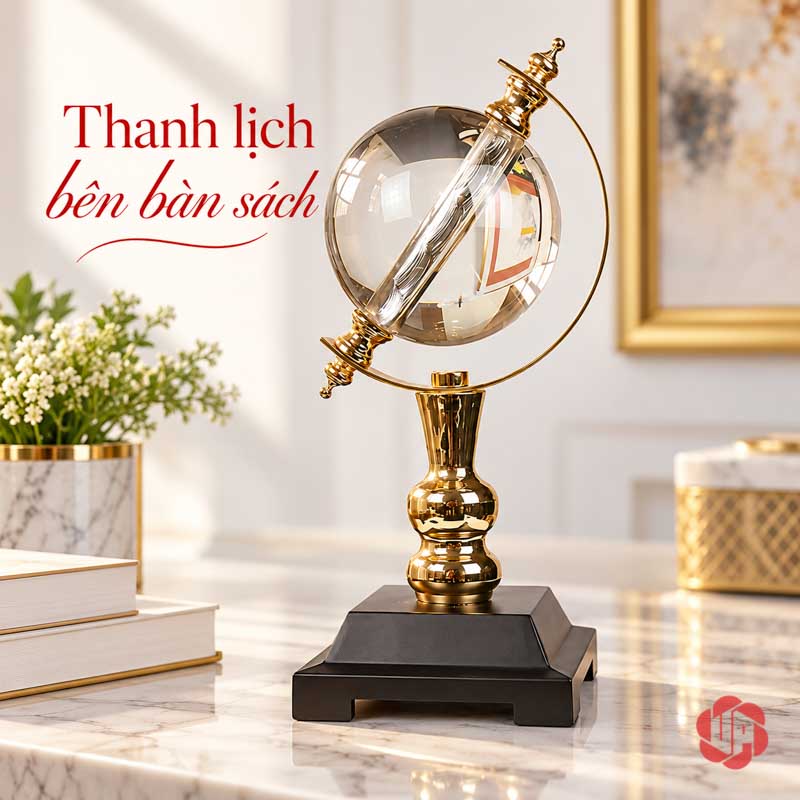 Quả Cầu Pha Lê Phong Thủy Đế Đen UPV010 Quả cầu pha lê đế đen đặt cạnh sách và lọ hoa