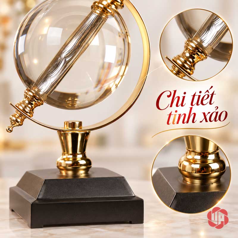 Quả Cầu Pha Lê Phong Thủy Đế Đen UPV010 Ảnh ghép quả cầu pha lê và cận mối nối, trụ vàng