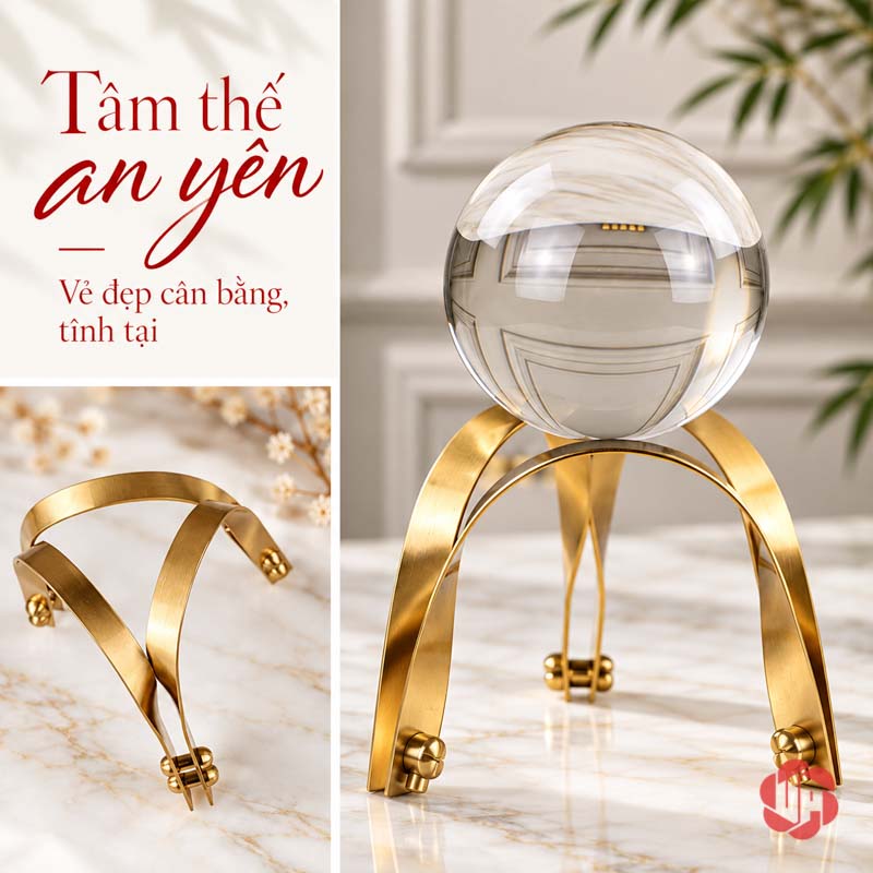 Quả Cầu Pha Lê Phong Thủy Chân Vòm Ánh Vàng UP012 Quả cầu pha lê phong thủy và chi tiết chân đỡ tách rời