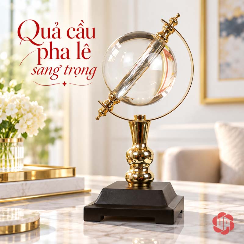 Quả Cầu Pha Lê Phong Thủy Đế Đen UPV010 Quả cầu trong suốt khung vàng trên mặt bàn vân đá