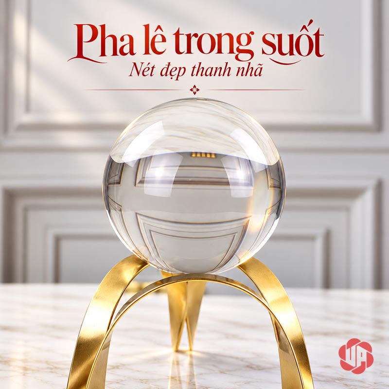 Quả Cầu Pha Lê Phong Thủy Chân Vòm Ánh Vàng UP012 Quả cầu pha lê trong suốt trên giá đỡ uốn cong