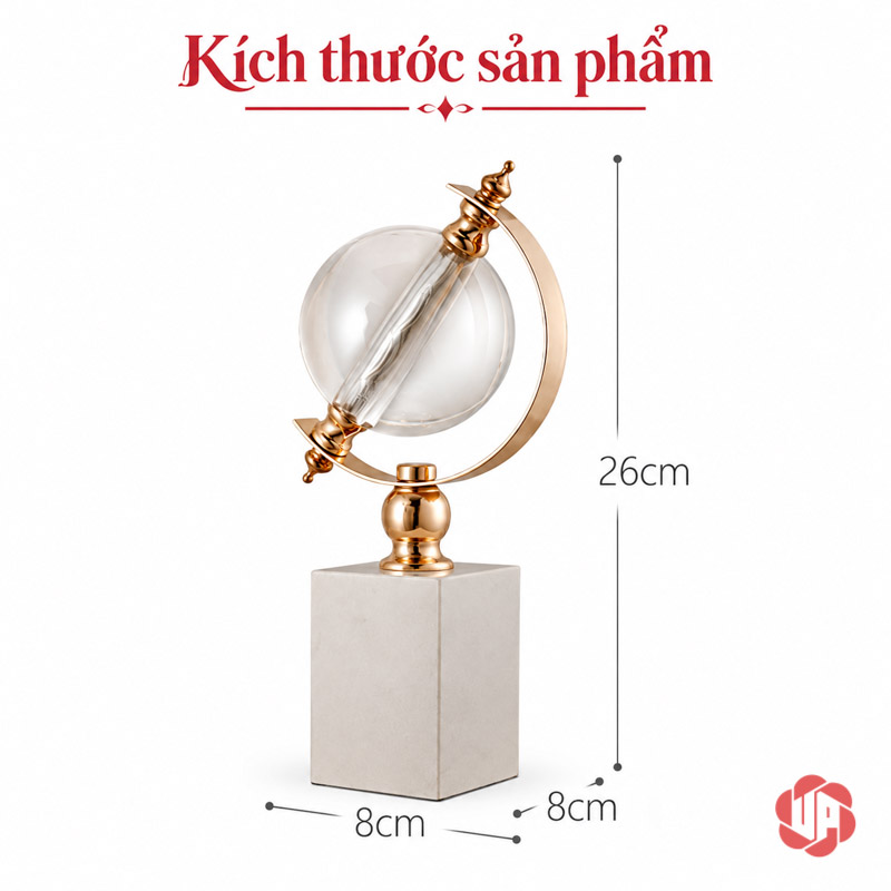 Quả Cầu Thủy Tinh Để Bàn Đế Đá Trắng UPV010-T Sơ đồ quả cầu cao 26 cm với chân đế 8 × 8 cm