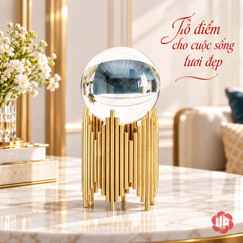 Quả Cầu Thủy Tinh Phong Thủy Chân Trụ Ánh Vàng UP017 Quả cầu thủy tinh phong thủy một chiếc trong phòng khách