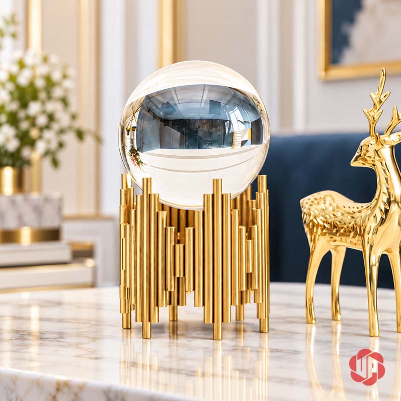 Quả Cầu Thủy Tinh Phong Thủy Chân Trụ Ánh Vàng UP017 Quả cầu thủy tinh phong thủy nhìn gần chân trụ và cầu trong