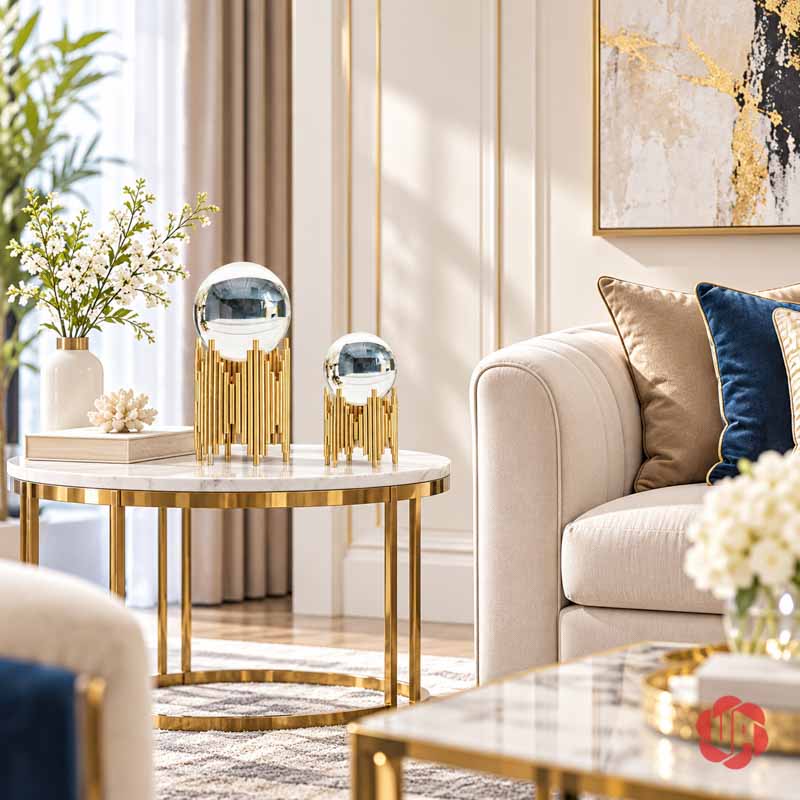 Quả Cầu Thủy Tinh Phong Thủy Chân Trụ Ánh Vàng UP017 Quả cầu thủy tinh phong thủy trên bàn cạnh sofa