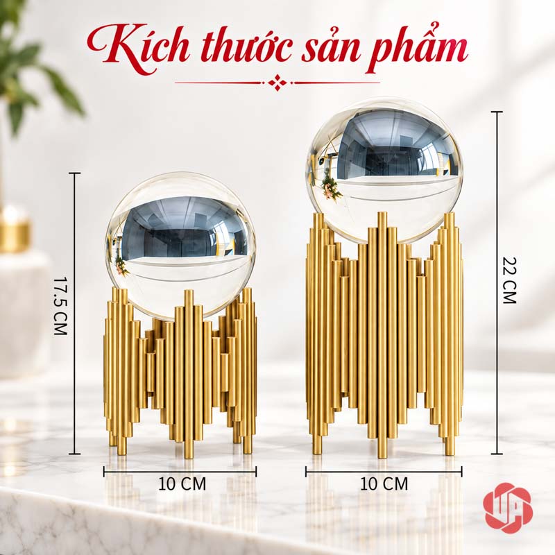 Quả Cầu Thủy Tinh Phong Thủy Chân Trụ Ánh Vàng UP017 Quả cầu thủy tinh phong thủy với số đo hai cỡ