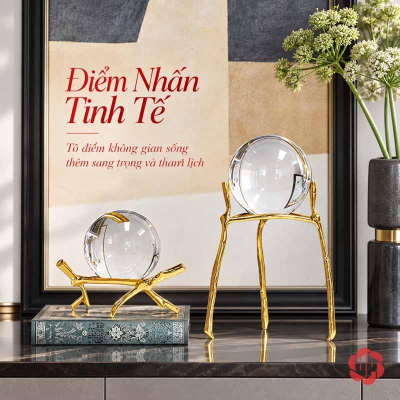 Quả Cầu Thủy Tinh Trang Trí Chân Đồng Cành Cây UP014 Quả cầu thủy tinh trang trí dáng thấp trên hộp cạnh dáng cao