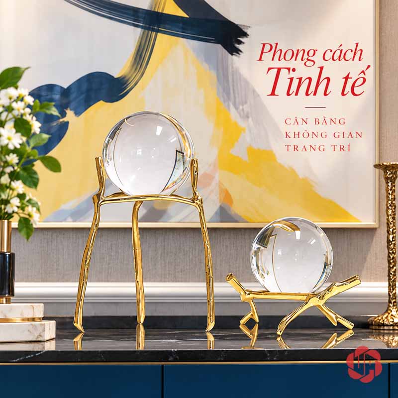 Quả Cầu Thủy Tinh Trang Trí Chân Đồng Cành Cây UP014 Quả cầu thủy tinh trang trí trước tranh xanh vàng