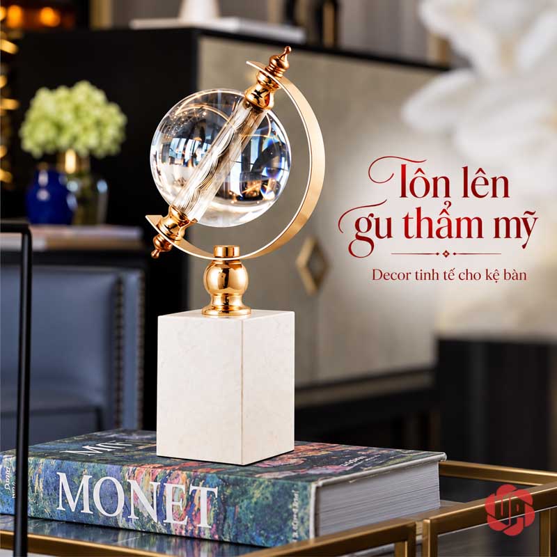 Quả Cầu Thủy Tinh Để Bàn Đế Đá Trắng UPV010-T Quả cầu thủy tinh đế trắng đặt trên sách nghệ thuật