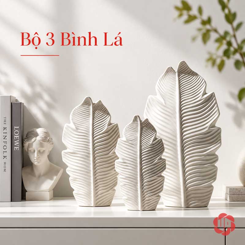 Bộ Lọ Hoa Lá Decor Gốm Sứ Trắng Phong Cách Bắc Âu UP080 Set ba bình hoa lá gốm sứ trắng trang trí Bắc Âu UP080