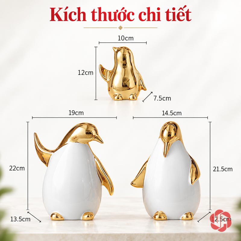Tượng Decor Gia Đình Chim Cánh Cụt Trắng Vàng UPV080 Sơ đồ kích thước ba tượng chim cánh cụt