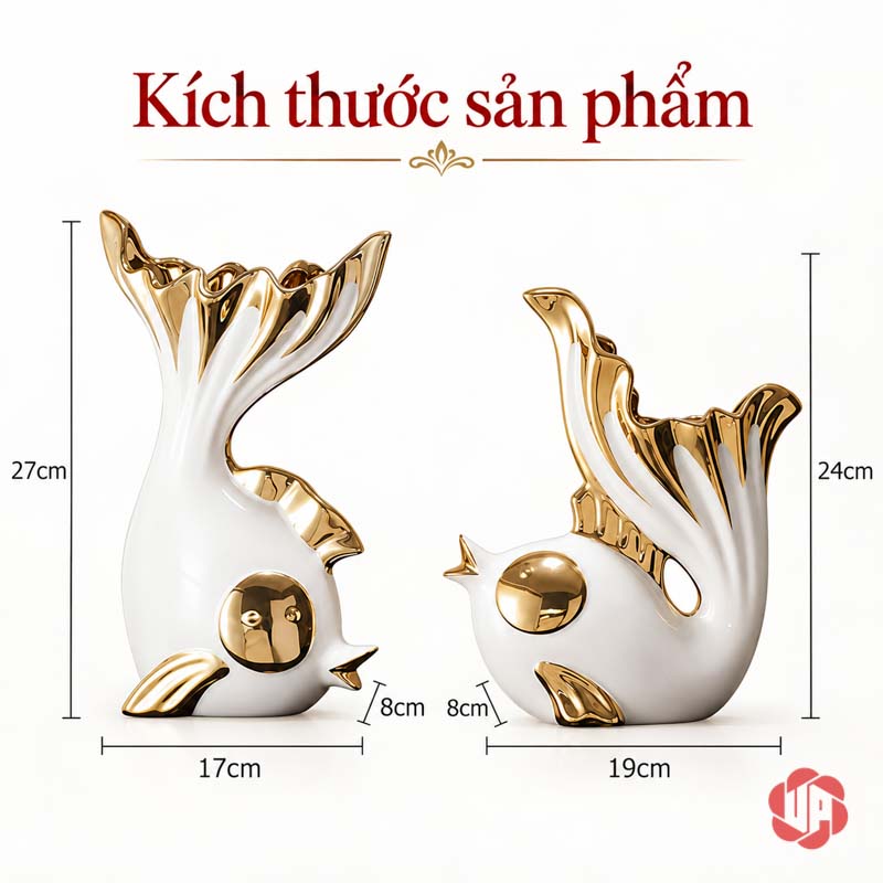 Tượng Decor Đôi Cá Trắng Vàng Và Ngọn Lửa UPS034 Sơ đồ kích thước hai tượng cá trắng vàng