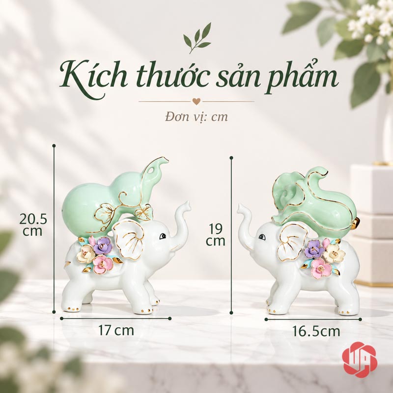 Tượng Trang Trí Đôi Voi Tài Lộc Hồ Lô Và Bắp Cải UPS033 Sơ đồ kích thước voi hồ lô và voi bắp cải