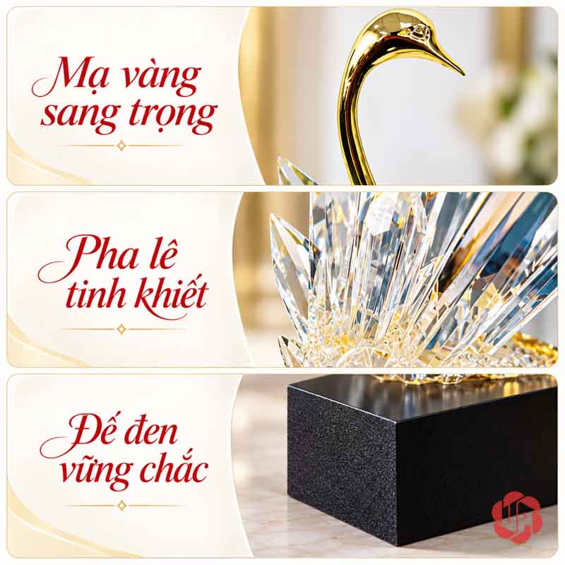 Tượng Decor Đôi Chim Thiên Nga Cao Cấp, Đồng Và Pha Lê UPD072-A Ảnh ghép cận đầu ánh vàng, đuôi pha lê và chân đế đen của thiên nga