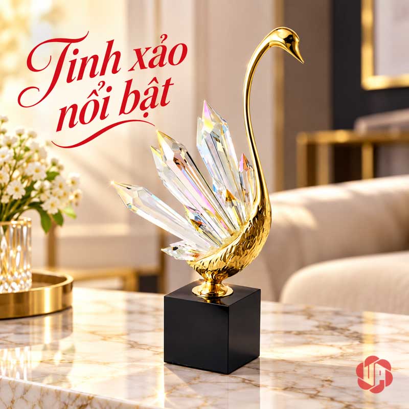 Tượng Decor Đôi Chim Thiên Nga Cao Cấp, Đồng Và Pha Lê UPD072-A Thiên nga đứng riêng với cổ vàng vươn dài và đuôi pha lê lệch phía sau