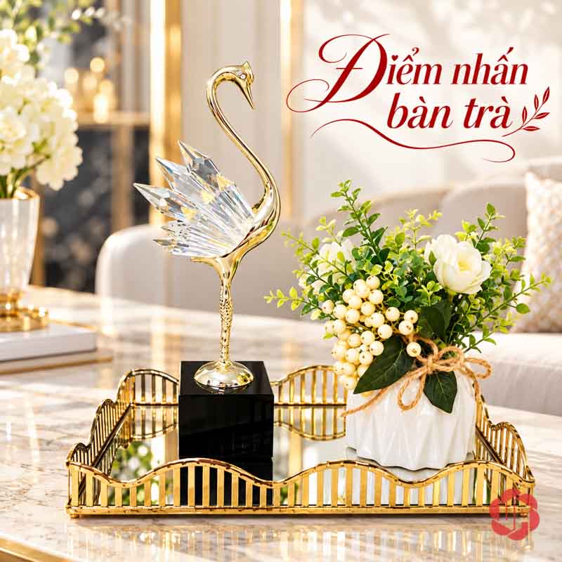 Tượng Decor Đôi Chim Thiên Nga Bằng Đồng UPD072 Một thiên nga cao bày trong khay cạnh bình hoa trắng và xanh