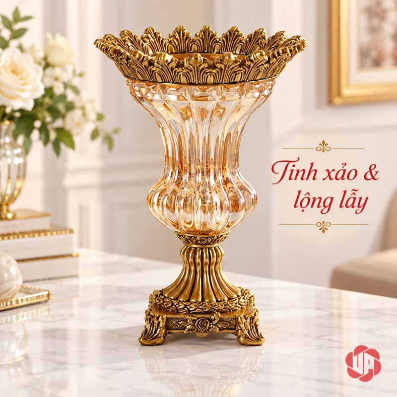 Lọ Hoa Thủy Tinh Tân Cổ Điển Viền Vàng UPT13 lọ hoa đặt trên bàn trang trí của lọ hoa thủy tinh tân cổ điển UPT13