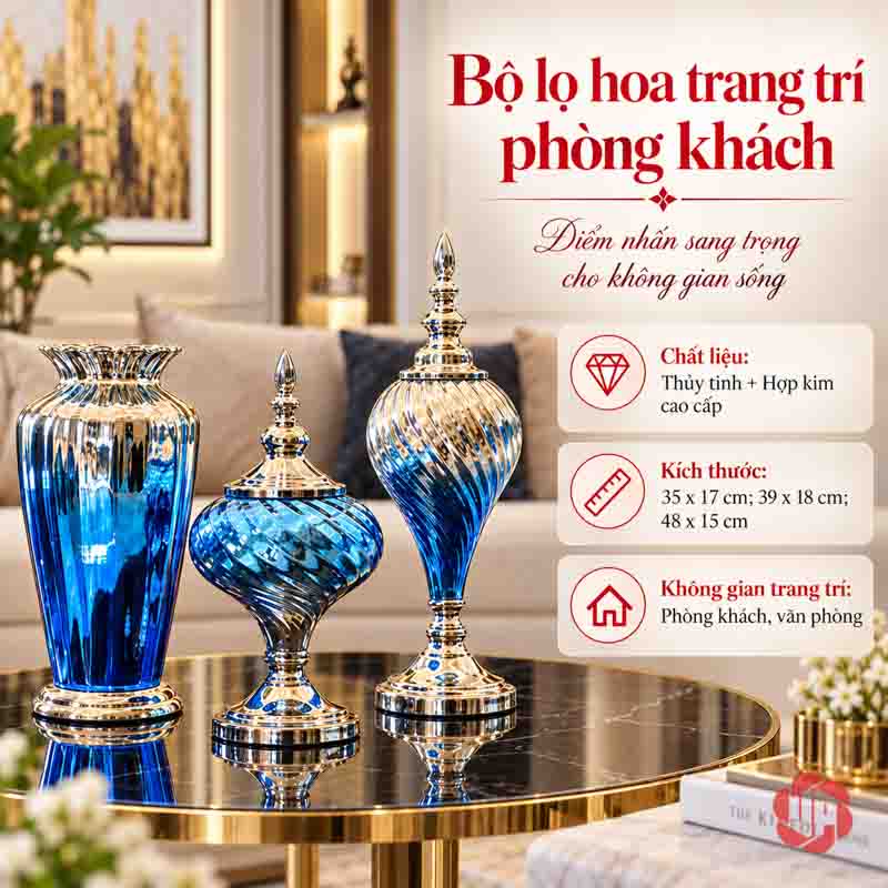 Bộ Lọ Hoa Thủy Tinh Xanh Bạc Tân Cổ Điển UPT09 Ảnh tổng hợp đặc điểm và kích thước bộ ba lọ hoa thủy tinh xanh bạc