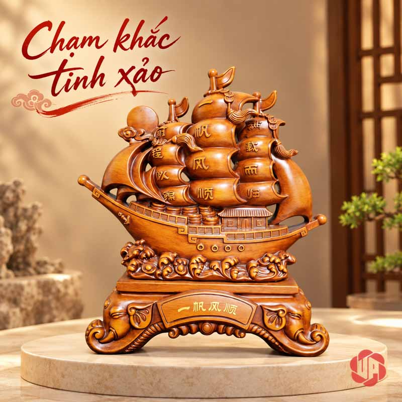 Tượng Phong Thủy Thuyền Buồm Thuận Buồm Xuôi Gió UP072A Thuyền nâu với thân tàu và chân đế uốn lượn