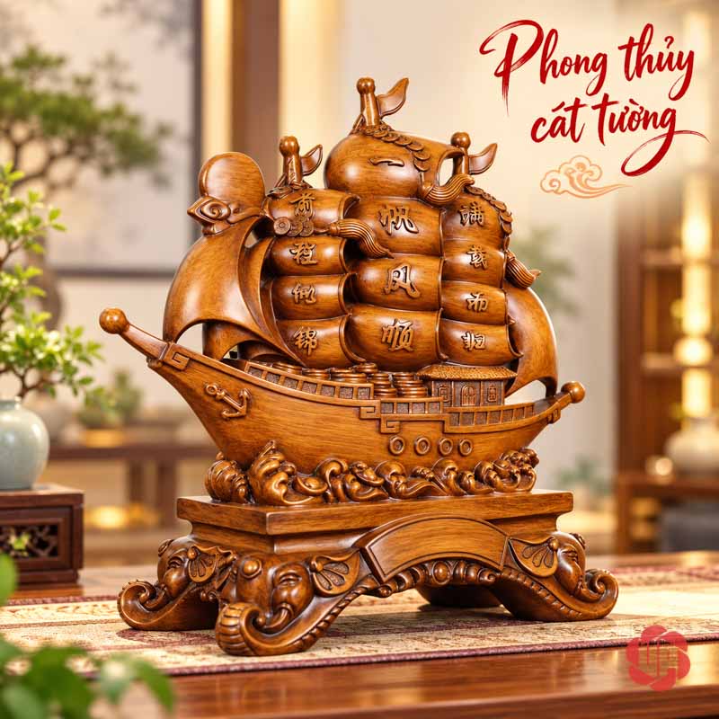 Tượng Phong Thủy Thuyền Buồm Thuận Buồm Xuôi Gió UP072A Thuyền nâu giả gỗ nhìn chính diện trên bàn
