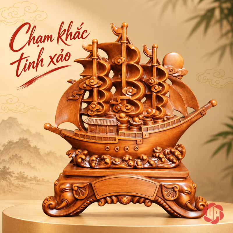Tượng Phong Thủy Thuyền Buồm Thuận Buồm Xuôi Gió UP072A Mặt sau thuyền nâu giả gỗ với chi tiết buồm cuộn