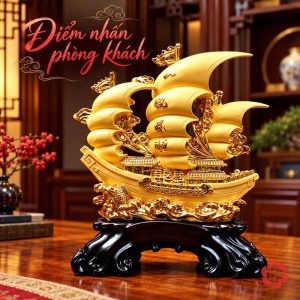 Tượng thuyền vàng trên bàn gỗ trong phòng khách
