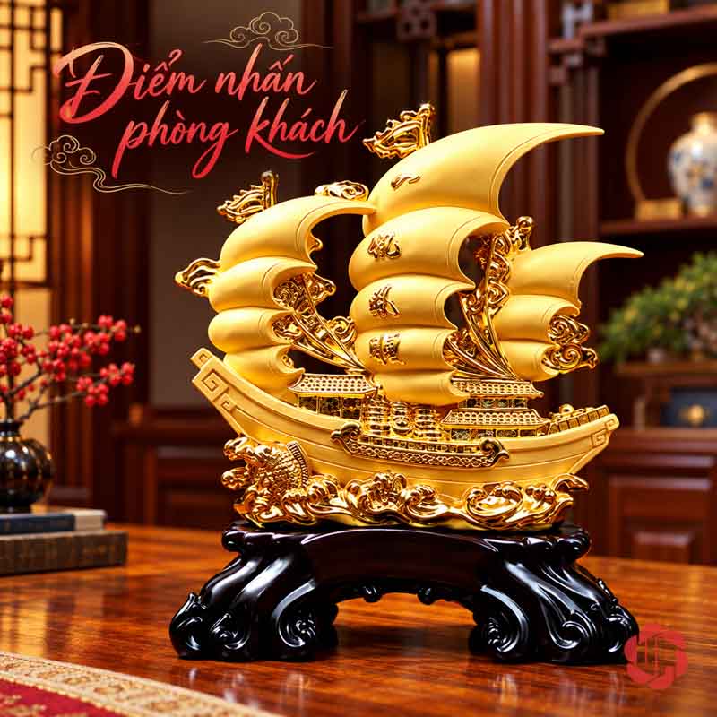 Tượng Phong Thủy Thuyền Buồm Thuận Buồm Xuôi Gió UP072A Tượng thuyền vàng trên bàn gỗ trong phòng khách