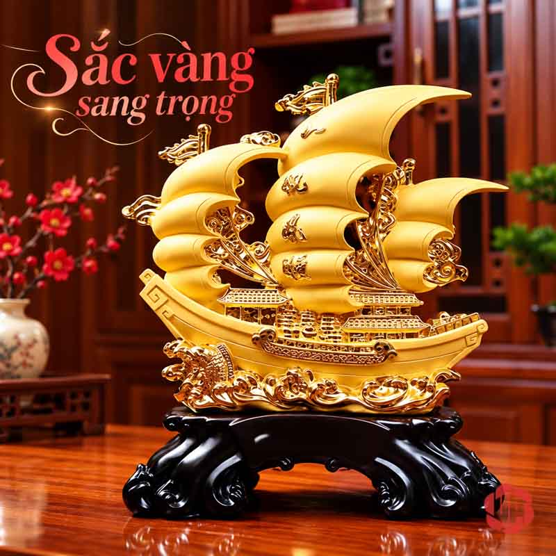 Tượng Phong Thủy Thuyền Buồm Thuận Buồm Xuôi Gió UP072A Thuyền vàng nhìn chếch trên chân đế đen