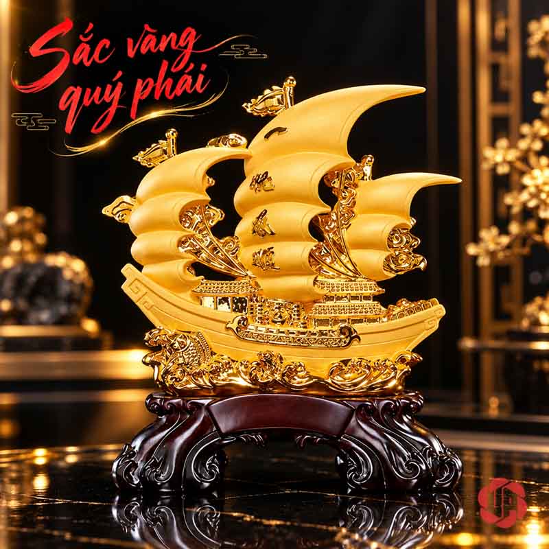 Tượng Phong Thủy Thuyền Buồm Thuận Buồm Xuôi Gió UP072A Thuyền vàng nhiều tầng buồm trước nền tối