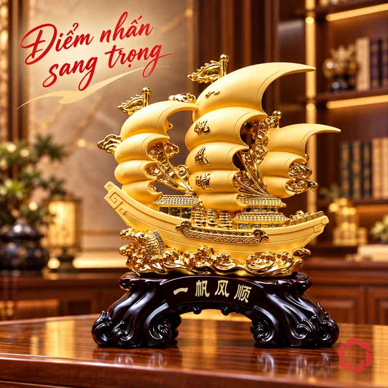 Tượng Phong Thủy Thuyền Buồm Thuận Buồm Xuôi Gió UP072A Thuyền buồm vàng đứng trên đế có chữ trang trí