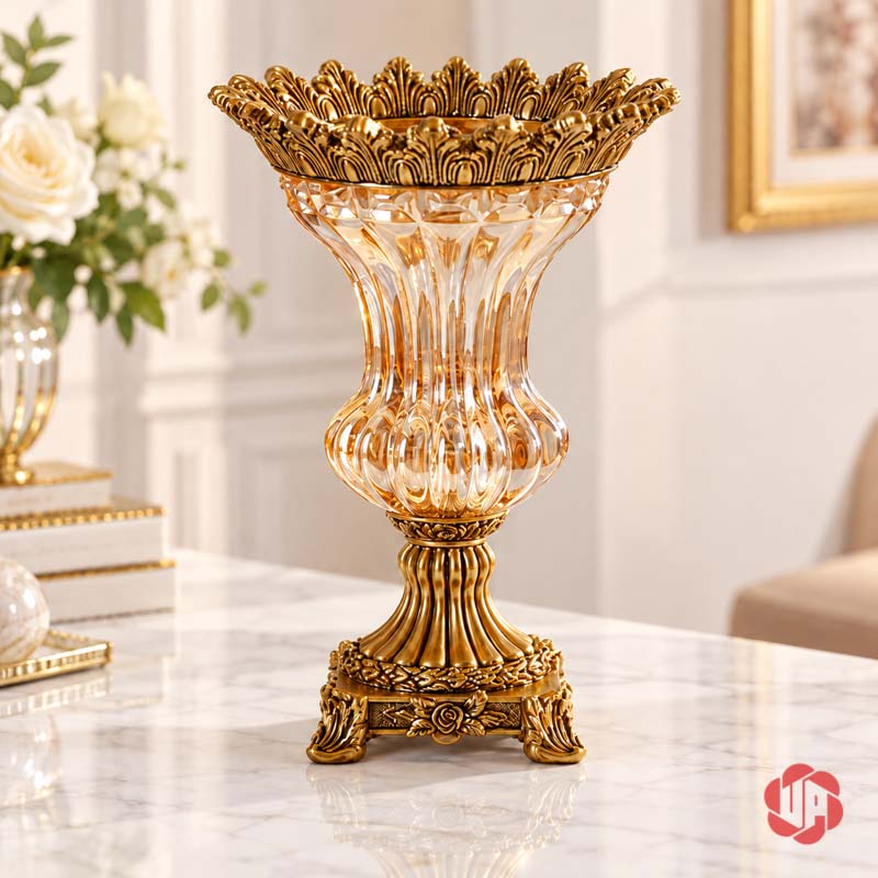 Lọ Hoa Thủy Tinh Tân Cổ Điển Viền Vàng UPT13 toàn cảnh chiếc lọ trên mặt bàn sáng của lọ hoa thủy tinh tân cổ điển UPT13