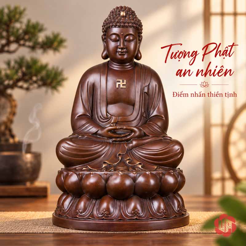 Tượng Phật Thích Ca Mâu Ni Ngồi Thiền Bằng Đồng UPD011 Tượng Phật ngồi thiền nhìn chính diện trên đài sen, có dòng chữ trang trí màu đỏ