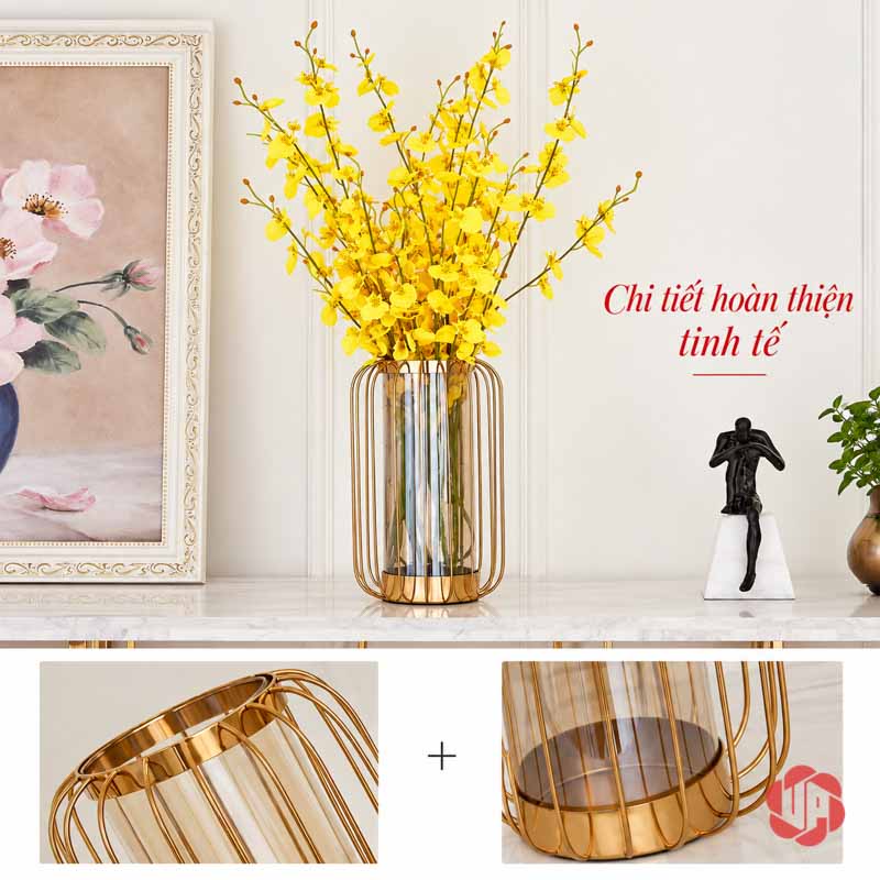 Lọ Hoa Thủy Tinh Cắm Hoa Khung Vàng Hiện Đại UPT07 Ảnh ghép tổng thể lọ hoa thủy tinh khung vàng và chi tiết miệng đáy