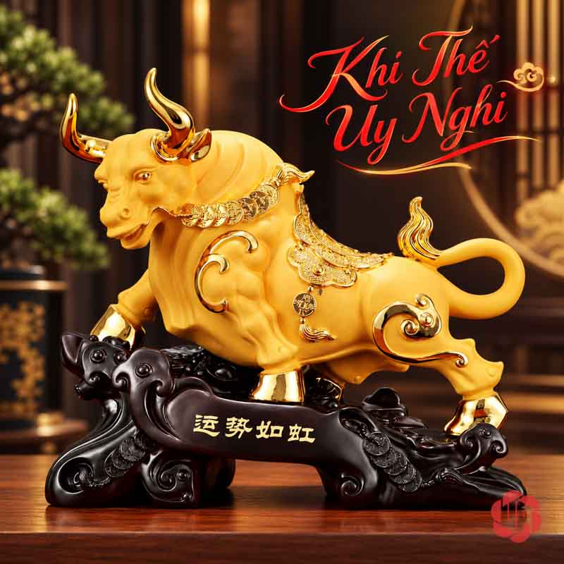 Tượng Phong Thủy Trâu Vàng Thịnh Vượng UPV083 Trâu vàng thịnh vượng trong không gian nội thất gỗ