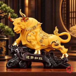 Trâu vàng trên đế tối màu trong phòng có nội thất gỗ
