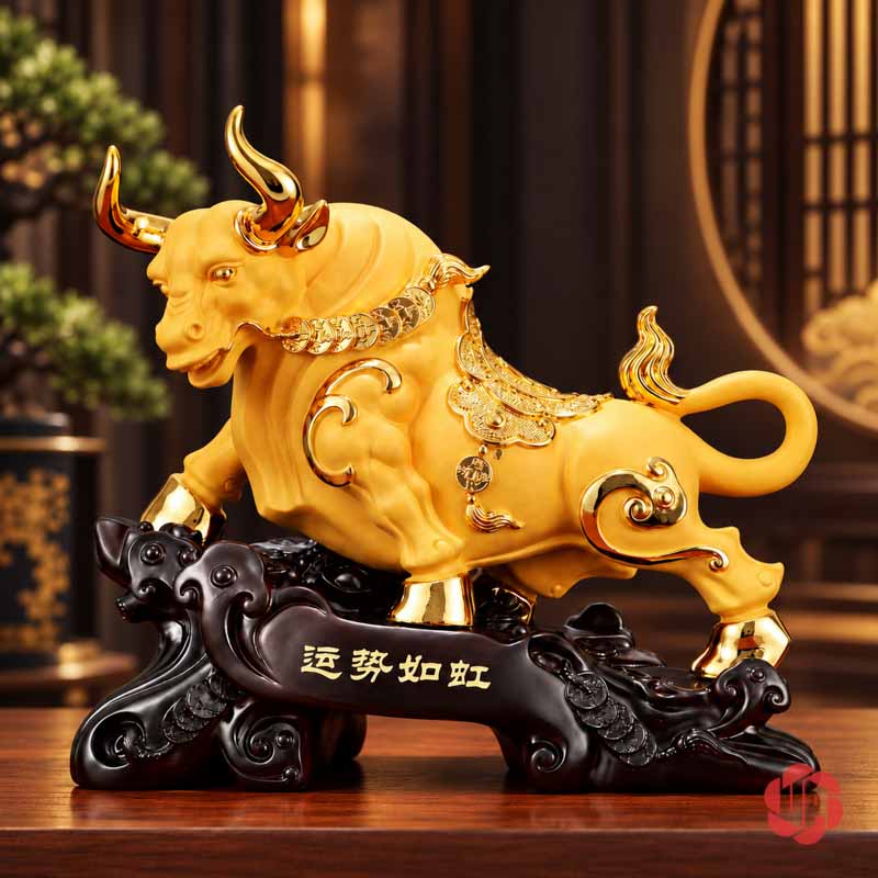 Tượng Phong Thủy Trâu Vàng Thịnh Vượng UPV083 Trâu vàng trên đế tối màu trong phòng có nội thất gỗ