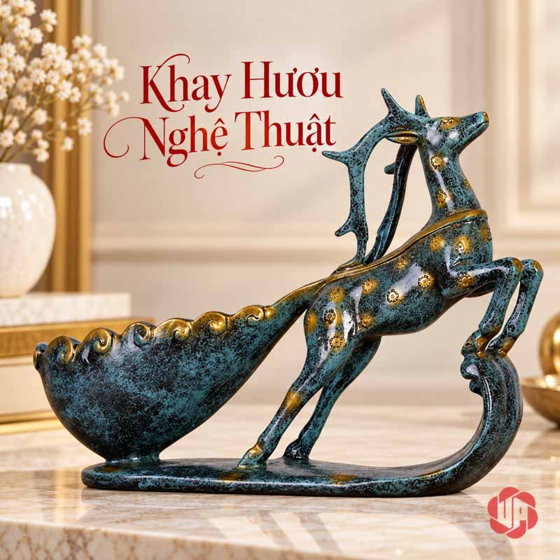 Kệ Rượu Vang Tuấn Mã Và Tuần Lộc Nghệ Thuật UP016R Kệ rượu vang tuần lộc xanh ánh vàng với cặp gạc hướng lên và khay đỡ kéo dài phía sau.