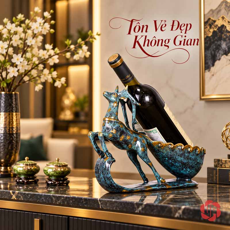 Kệ Rượu Vang Tuấn Mã Và Tuần Lộc Nghệ Thuật UP016R Kệ rượu vang tuấn mã đứng trước khay đỡ, phối cảnh cùng hoa và đồ trang trí trên mặt đá.