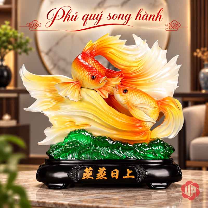 Tượng Trang Trí Phong Thủy Đôi Cá Koi May Mắn UPV081 Tượng cá Koi chung đế tối màu trong phòng khách