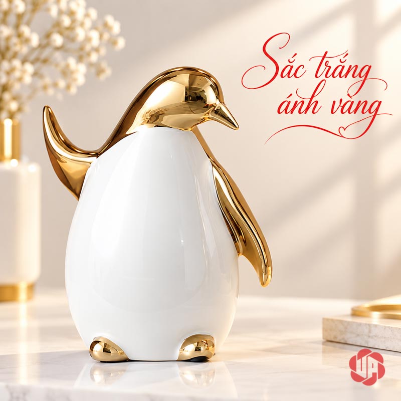 Tượng Decor Gia Đình Chim Cánh Cụt Trắng Vàng UPV080 Tượng chim cánh cụt mẹ với thân trắng và đầu vàng