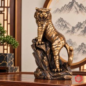 Tượng con hổ đứng trên đế mỏm đá trong phòng khách
