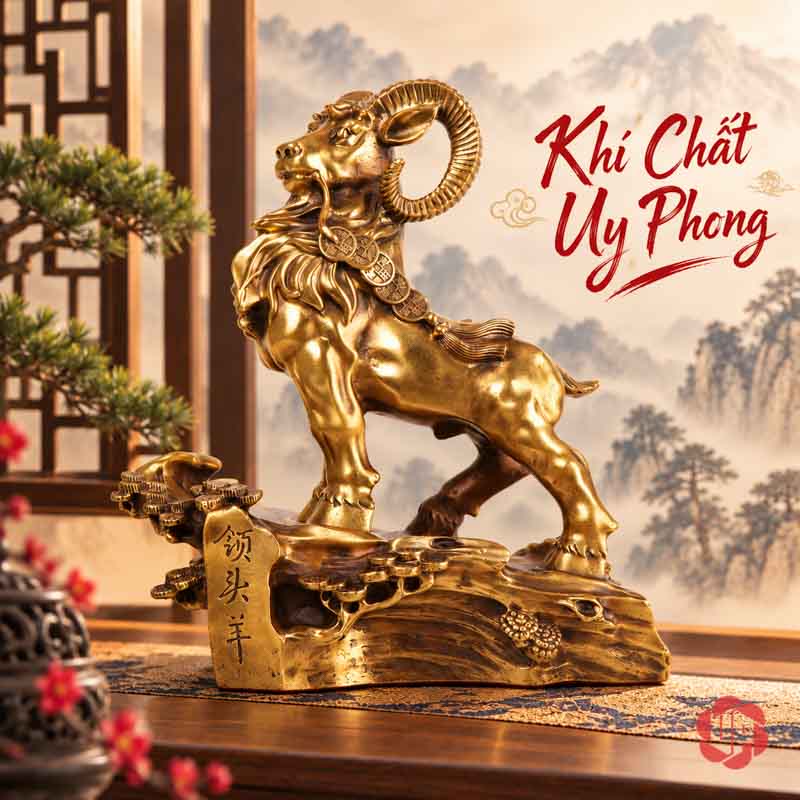 Tượng Con Dê Phong Thủy Bằng Đồng Ngậm Xâu Tiền UPD017 Tượng dê bằng đồng nhìn chéo với sừng cuộn lớn