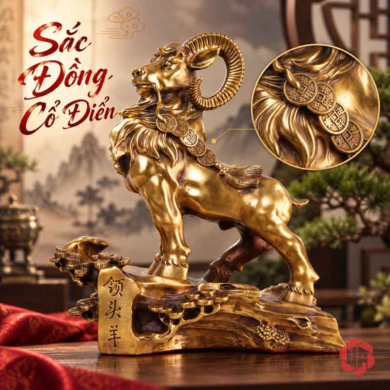 Tượng Con Dê Phong Thủy Bằng Đồng Ngậm Xâu Tiền UPD017 Tượng dê ngậm tiền cùng khung chi tiết trang trí