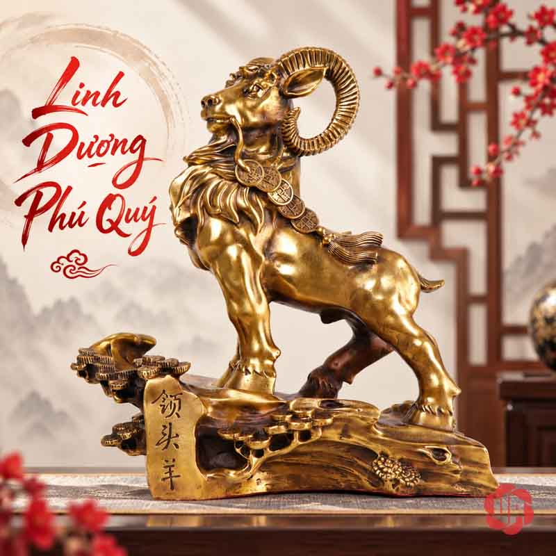 Tượng Con Dê Phong Thủy Bằng Đồng Ngậm Xâu Tiền UPD017 Tượng dê vàng đồng ngậm xâu tiền nhìn nghiêng