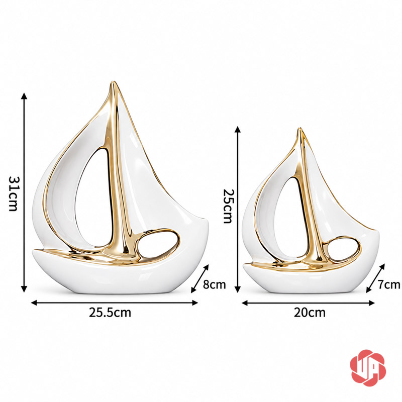 Tượng Decor Cánh Buồm Xuôi Gió Gốm Sứ Trắng Vàng UP053-A Tượng decor cánh buồm xuôi gió có hai cỡ cao 31 cm và 25 cm