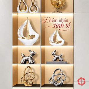 Tượng decor cánh buồm xuôi gió đặt ở hai ô kệ có đèn